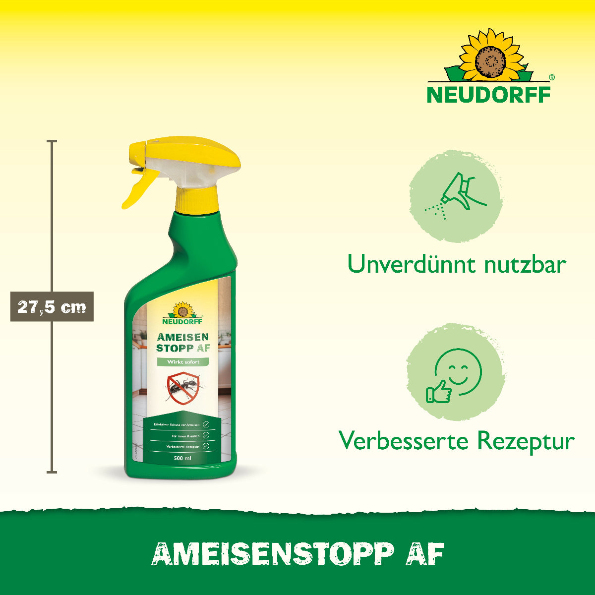 Der AmeisenStopp AF von Neudorff ist unverdünnt nutzbar, schnell in der Anwendung und vertreibt Ameisen effektiv