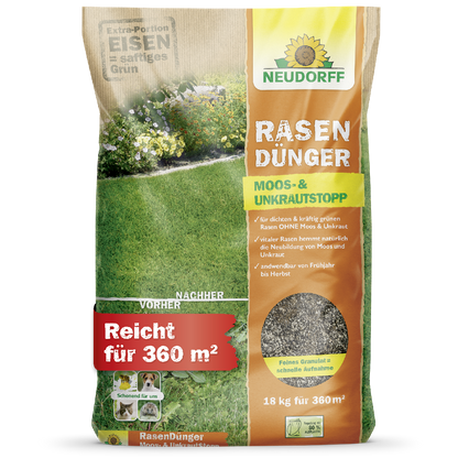 Neudorff Rasendünger Moos- und Unkrautstoff für einen dichten, kräftig grünen Rasen ohne Moos und Unkraut