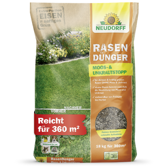 Neudorff Rasendünger Moos- und Unkrautstoff für einen dichten, kräftig grünen Rasen ohne Moos und Unkraut