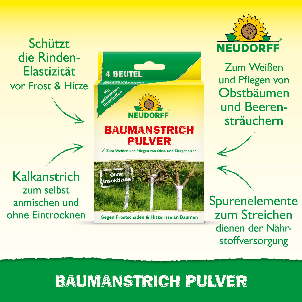 Das Neudorff Baumanstrich Pulver schützt die Rinde junger und alter Bäume vor Hitze und Frost