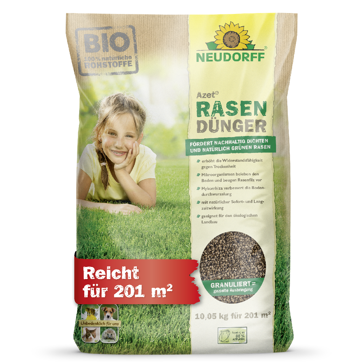 Mit dem Azet Rasenduenger von Neudorff aus rein natürlichen Rohstoffen versorgst du deinen Rasen mit optimalen Nährstoffen, erhöhst die Widerstandskraft gegen Trockenheit und unterstützt die Bildung kräftiger Wurzeln – für eine sattgrüne Rasenfläche