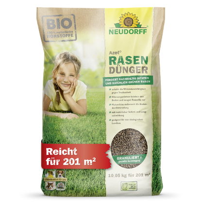 Mit dem Azet Rasenduenger von Neudorff aus rein natürlichen Rohstoffen versorgst du deinen Rasen mit optimalen Nährstoffen, erhöhst die Widerstandskraft gegen Trockenheit und unterstützt die Bildung kräftiger Wurzeln – für eine sattgrüne Rasenfläche