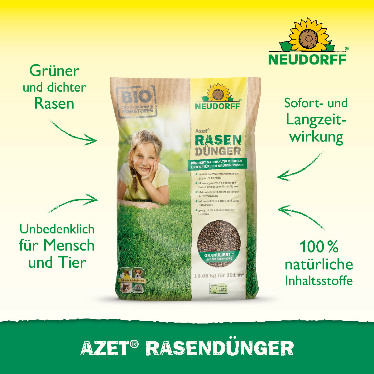 Der Azet Rasenduenger von Neudorff aus rein natürlichen Rohstoffen und Sofort- sowie Langzeitwirkung unterstützt dich bei einem kraftlosem, trockenen Rasen