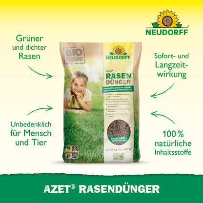 Der Azet Rasenduenger von Neudorff aus rein natürlichen Rohstoffen und Sofort- sowie Langzeitwirkung unterstützt dich bei einem kraftlosem, trockenen Rasen