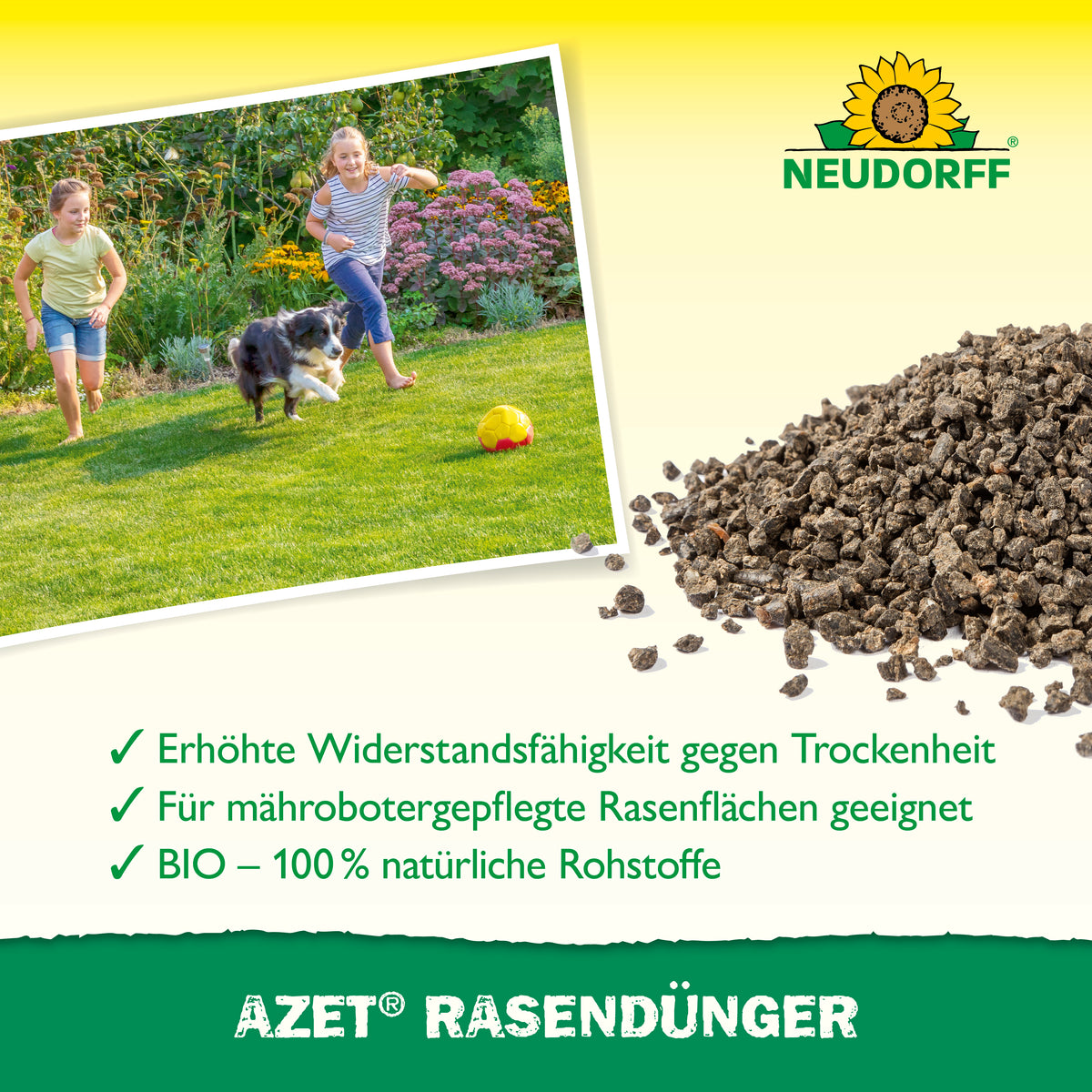 Azet Rasenduenger von Neudorff für mehr Widerstandskraft gegen Trockenheit, eine sattgrüne Rasenfläche und kräftige Wurzeln