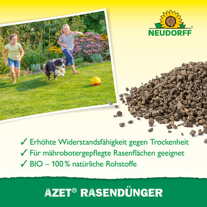 Azet Rasenduenger von Neudorff für mehr Widerstandskraft gegen Trockenheit, eine sattgrüne Rasenfläche und kräftige Wurzeln