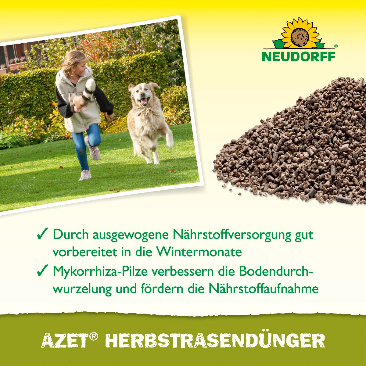 Azet Herbstrasendünger ist unbedenklich für Haustiere und natürlich biologisch