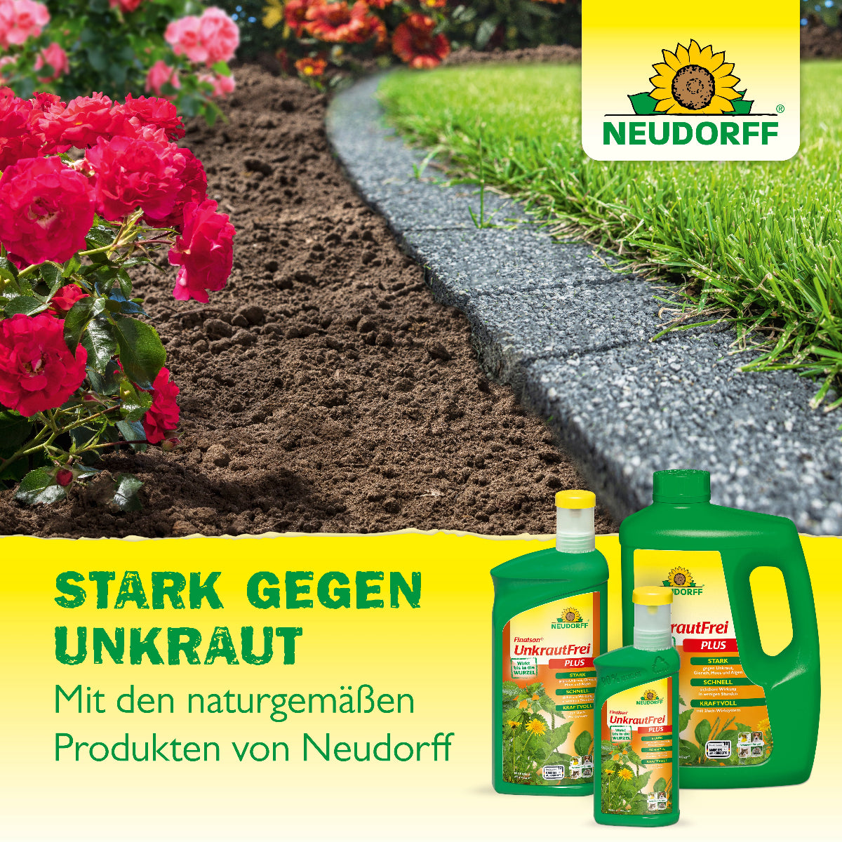 Bild mit Blumenbeet und darunter die Aussage Stark gegen Unkraut mit den naturgemäßen Produkten von Neudorff