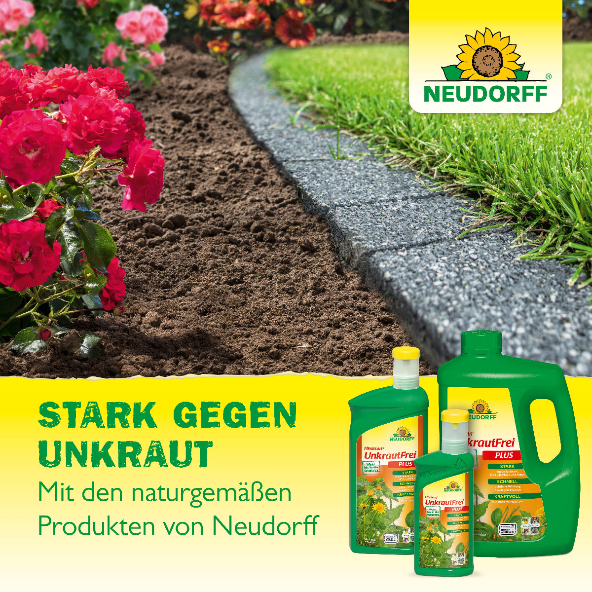 Biokraft Grundstoff Essig von Neudorff ist laut Grafik, die ein Beet mit Beetumrandung aus Stein zeigt und darunter Produktabbildungen, strak gegen Unkraut mit den naturgemäßen Produkten von Neudorff